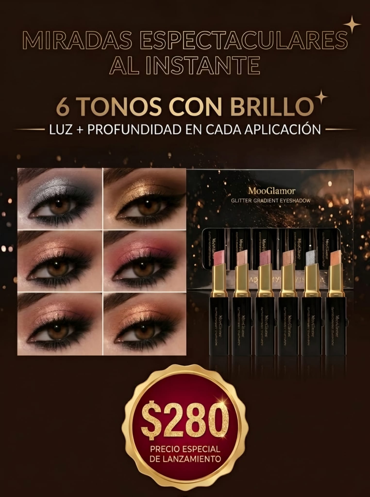 Set de 6 Sombras en Barra con Brillo — MooGlamor